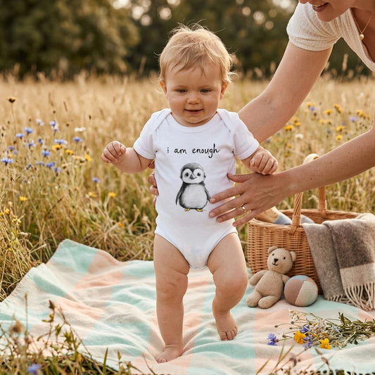 Eric the Penguin “I Am Enough” Organic Baby Bodysuit | Positive Affirmation Baby Grow | Organic Cotton Baby Gift | Mindful Baby Clothing