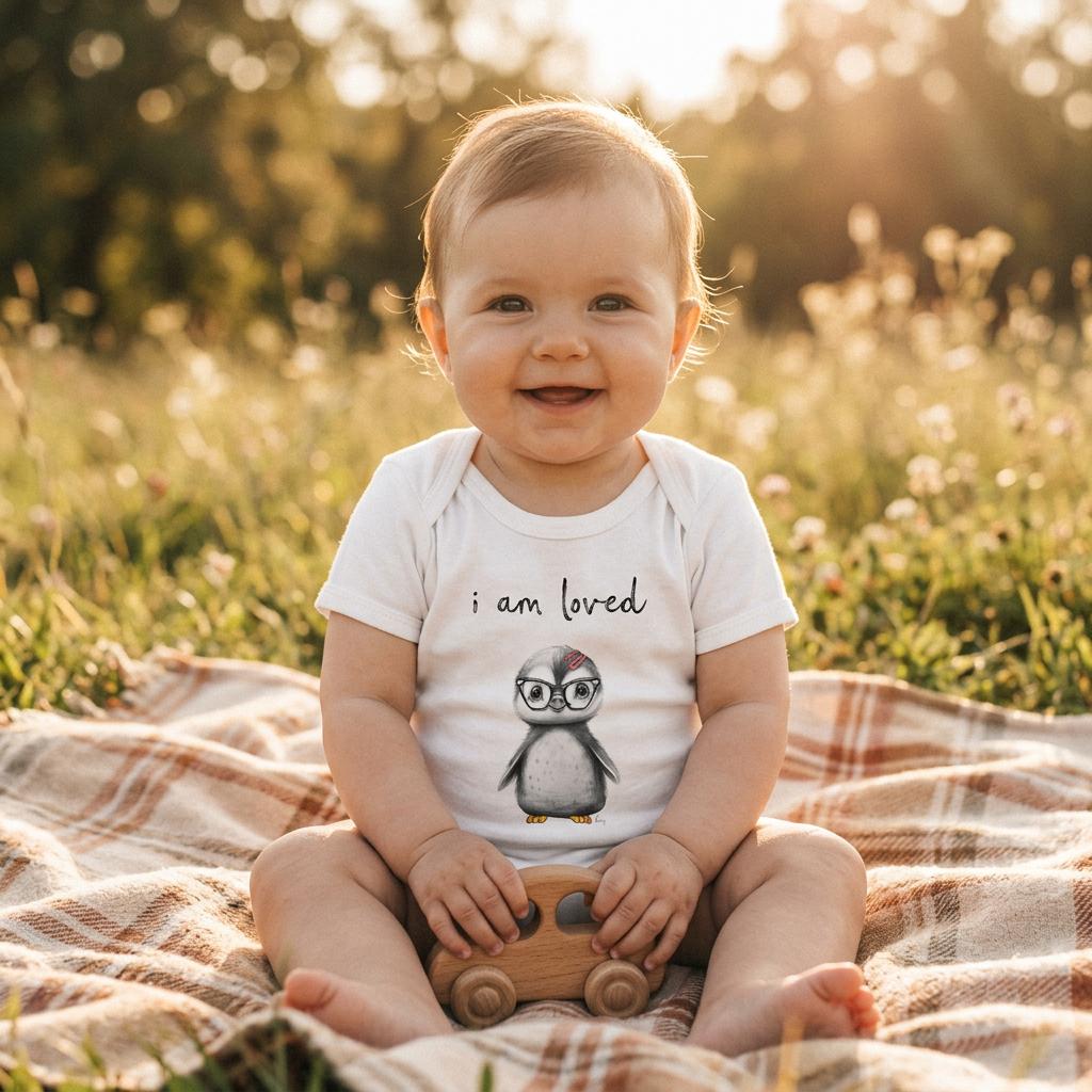 Penny “I Am Loved” Organic Baby Bodysuit | Positive Affirmation Baby Grow | Organic Cotton Baby Gift | Mindful Baby Clothing