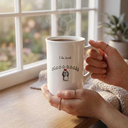 Eric the Penguin Affirmation Mug – I Am Loved – 10oz Porcelain Gift for Self-Love, Mental Health & Mindfulness