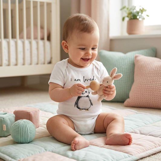 Eric the Penguin “I Am Loved” Organic Baby Bodysuit | Positive Affirmation Baby Grow | Organic Cotton Baby Gift | Mindful Baby Clothing